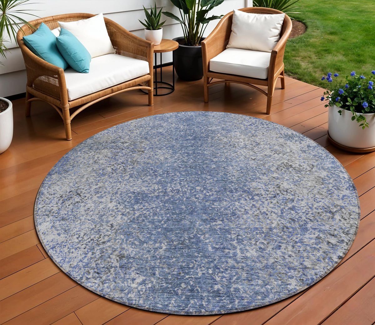 8' Denim Blue And Sky Blue Round Oriental Washable Indoor Outdoor Area Rug
