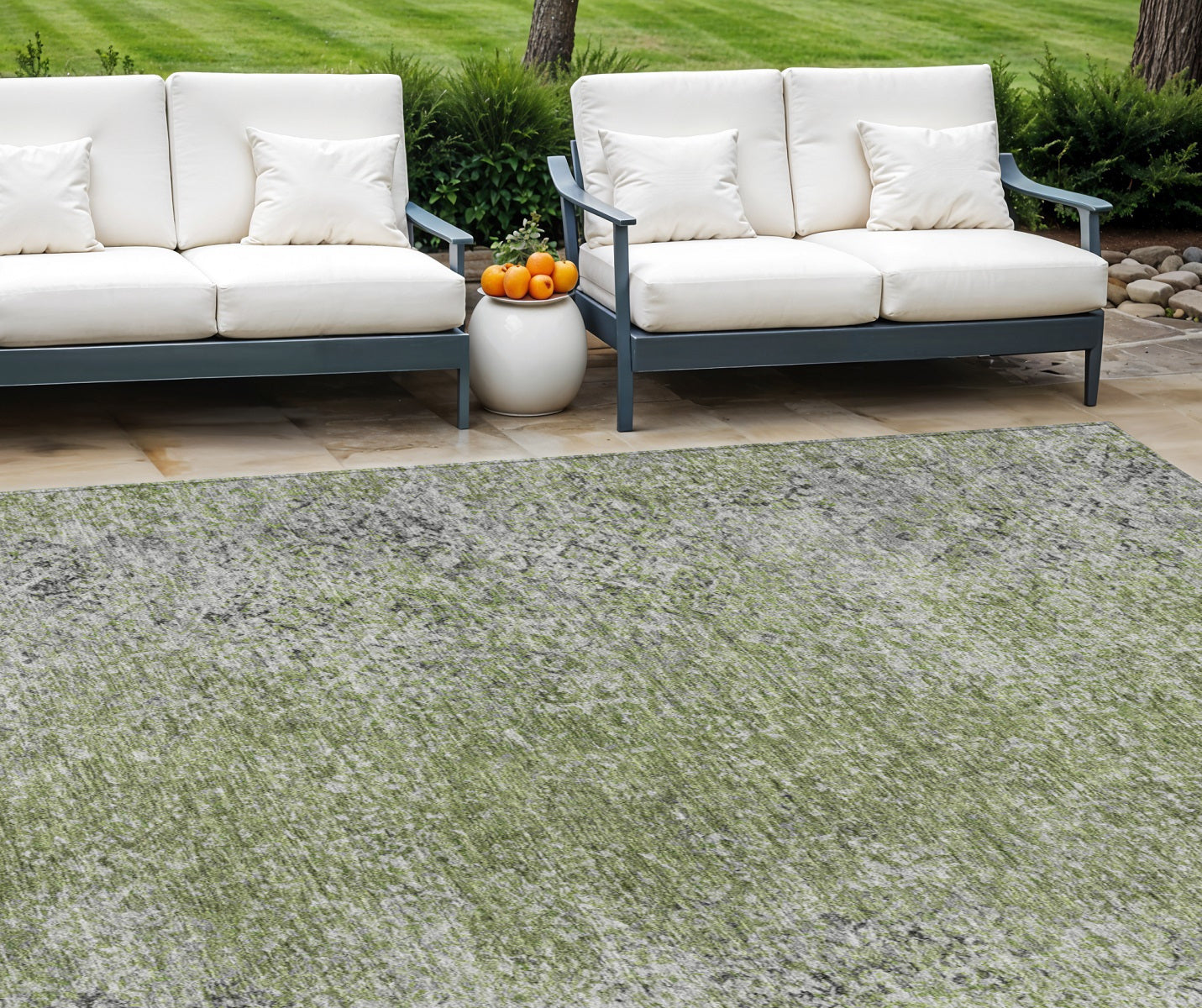 9' X 12' Fern Green Artichoke Green And Ivory Oriental Washable Indoor Outdoor Area Rug