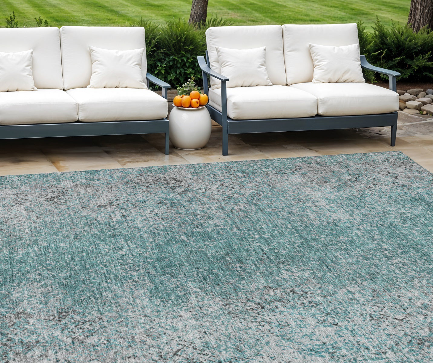 9' X 12' Teal Blue Gray And Charcoal Oriental Washable Indoor Outdoor Area Rug