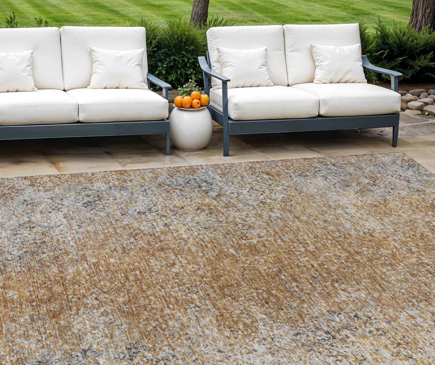 9' X 12' Terra Cotta Silver And Charcoal Oriental Washable Indoor Outdoor Area Rug
