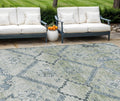 9' X 12' Artichoke Green Denim Blue And Silver Floral Washable Indoor Outdoor Area Rug