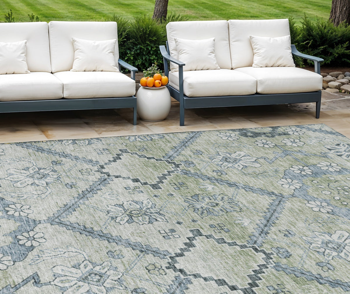 9' X 12' Artichoke Green Denim Blue And Silver Floral Washable Indoor Outdoor Area Rug