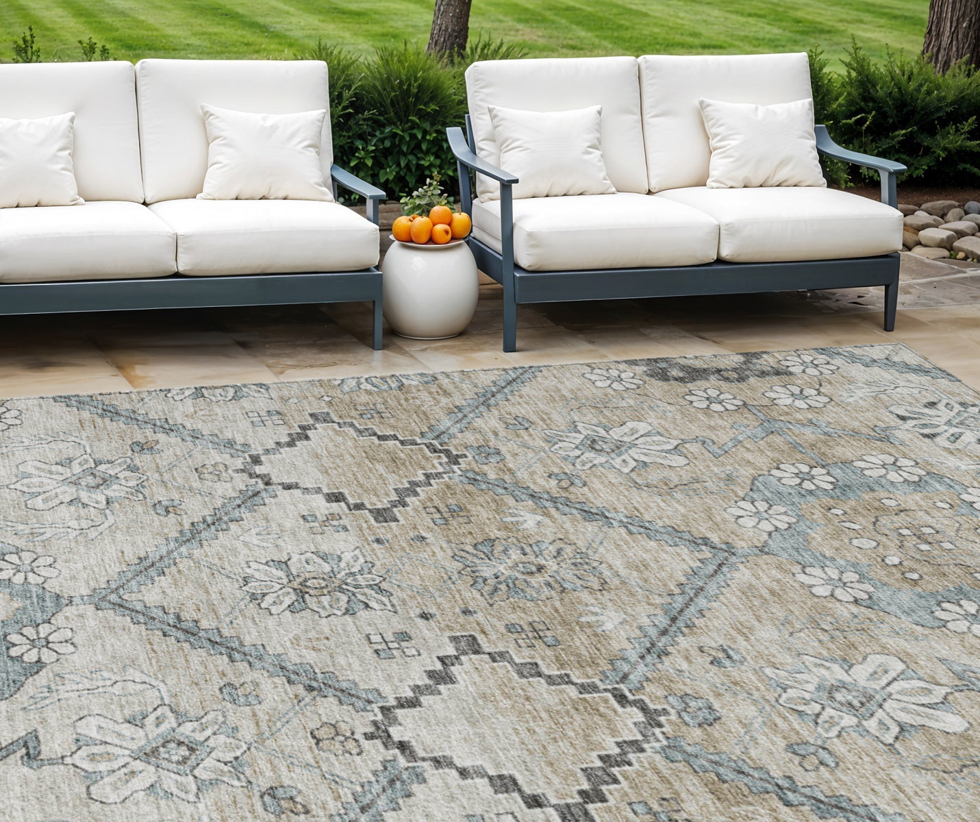 9' X 12' Beige Taupe And Tan Floral Washable Indoor Outdoor Area Rug