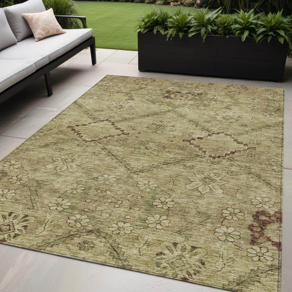 5' X 8' Brown Beige And Artichoke Green Floral Washable Indoor Outdoor Area Rug