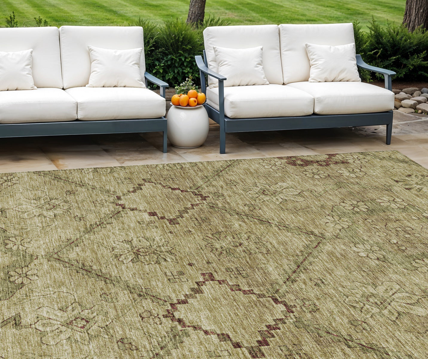 9' X 12' Brown Beige And Artichoke Green Floral Washable Indoor Outdoor Area Rug