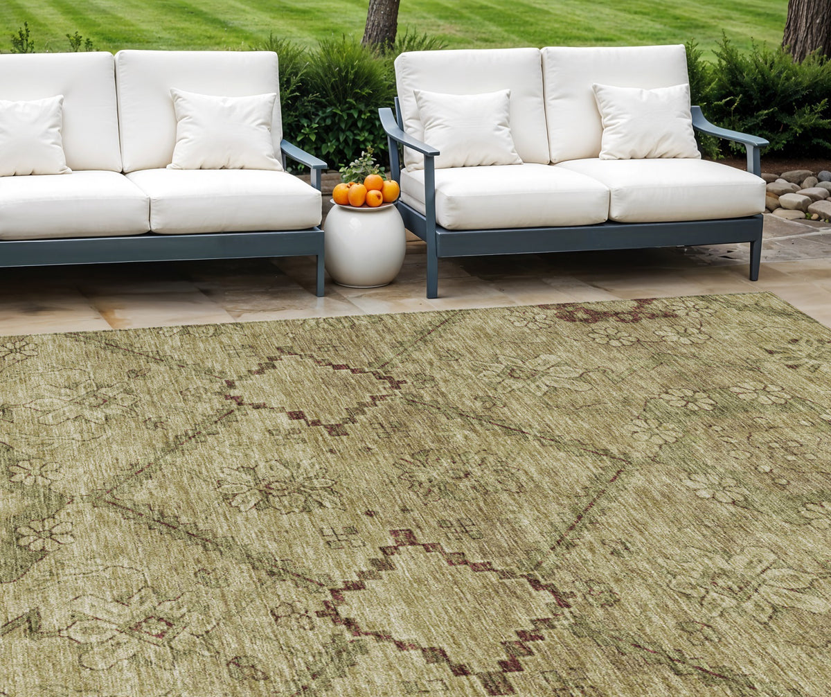 10' X 14' Brown Beige And Artichoke Green Floral Washable Indoor Outdoor Area Rug