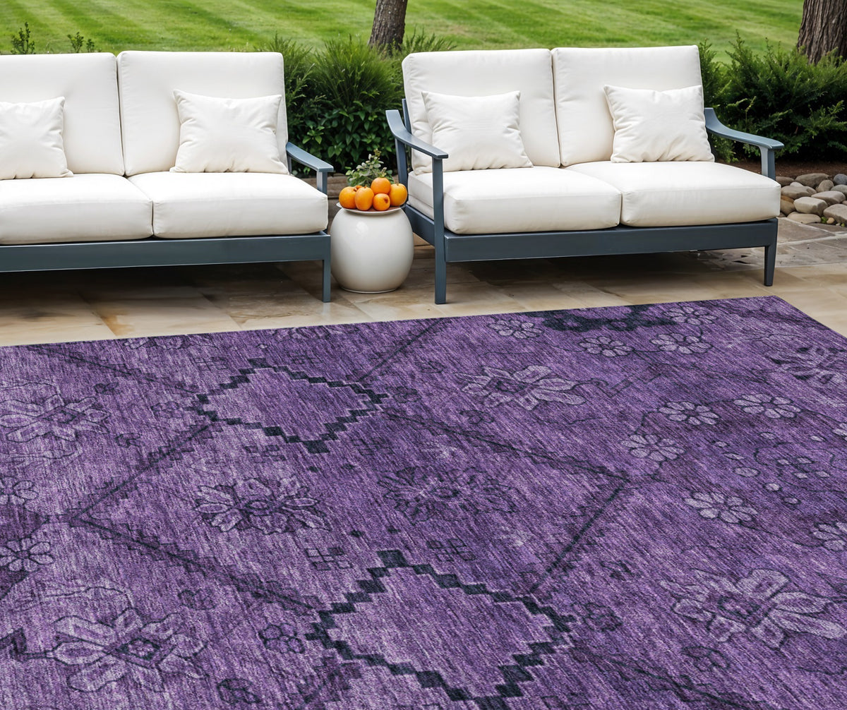 10' X 14' Eggplant Purple And Plum Floral Washable Indoor Outdoor Area Rug
