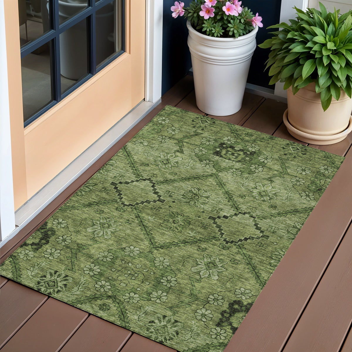 3' X 5' Olive Green Fern Green And Artichoke Green Floral Washable Indoor Outdoor Area Rug