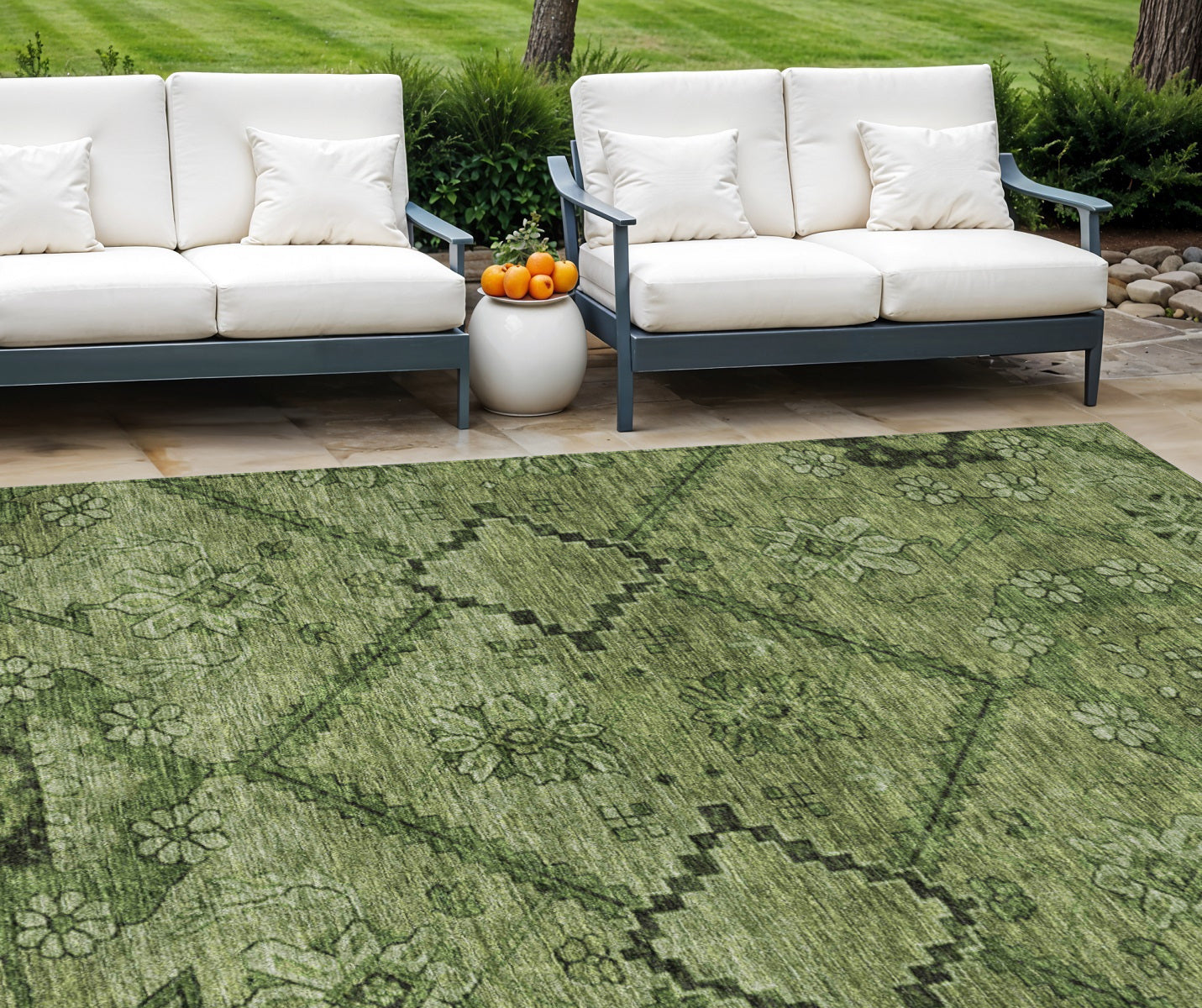 8' X 10' Olive Green Fern Green And Artichoke Green Floral Washable Indoor Outdoor Area Rug