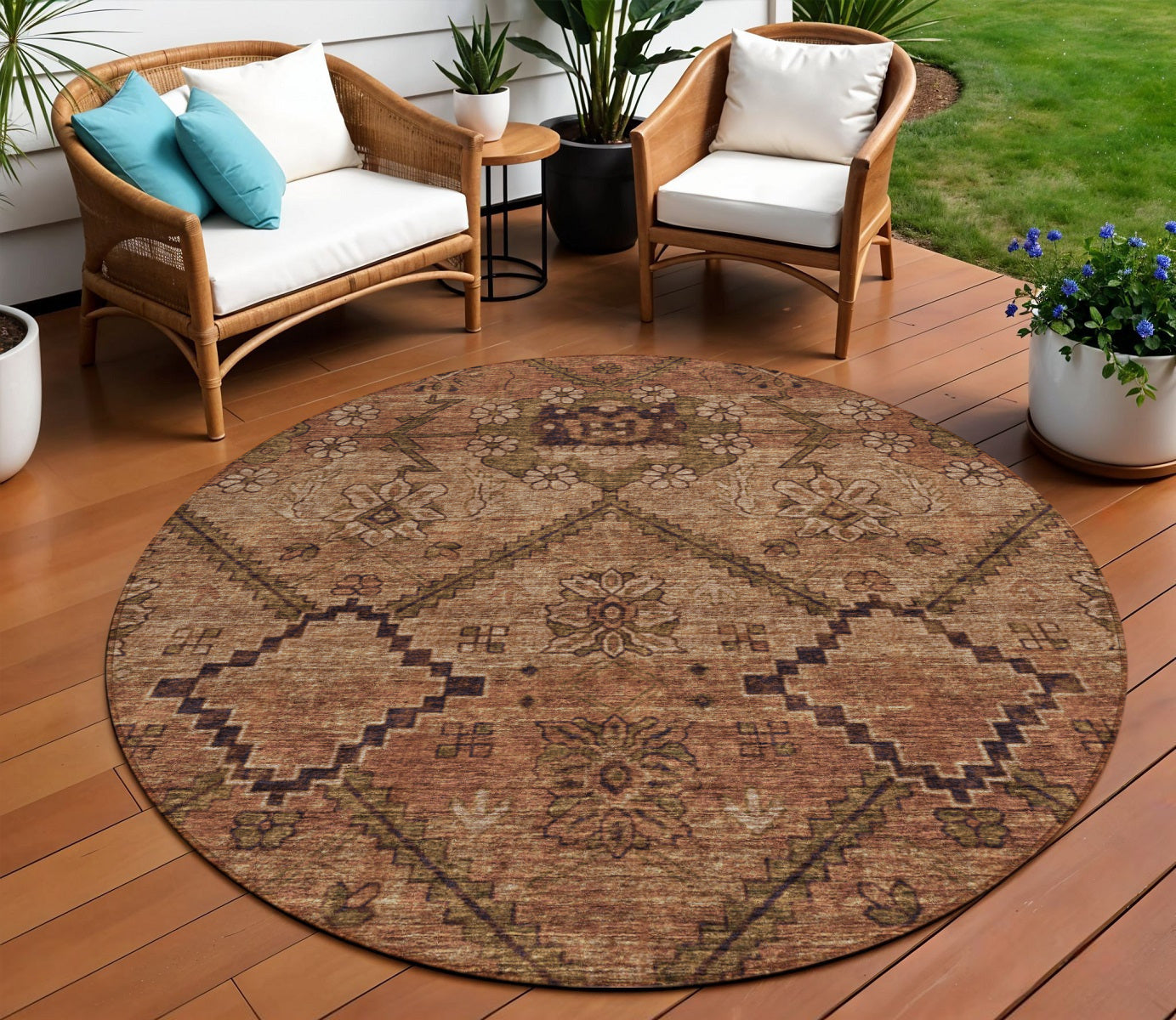 8' Orange Copper And Brown Round Floral Washable Indoor Outdoor Area Rug