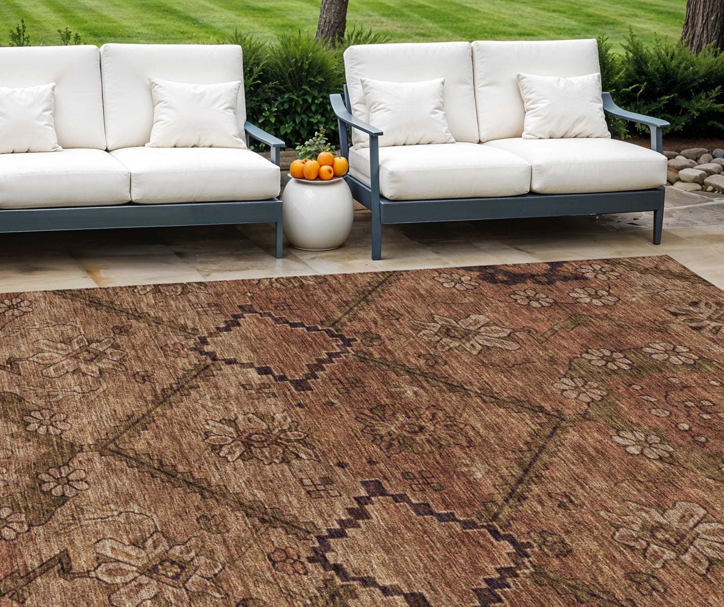 9' X 12' Orange Copper And Brown Floral Washable Indoor Outdoor Area Rug