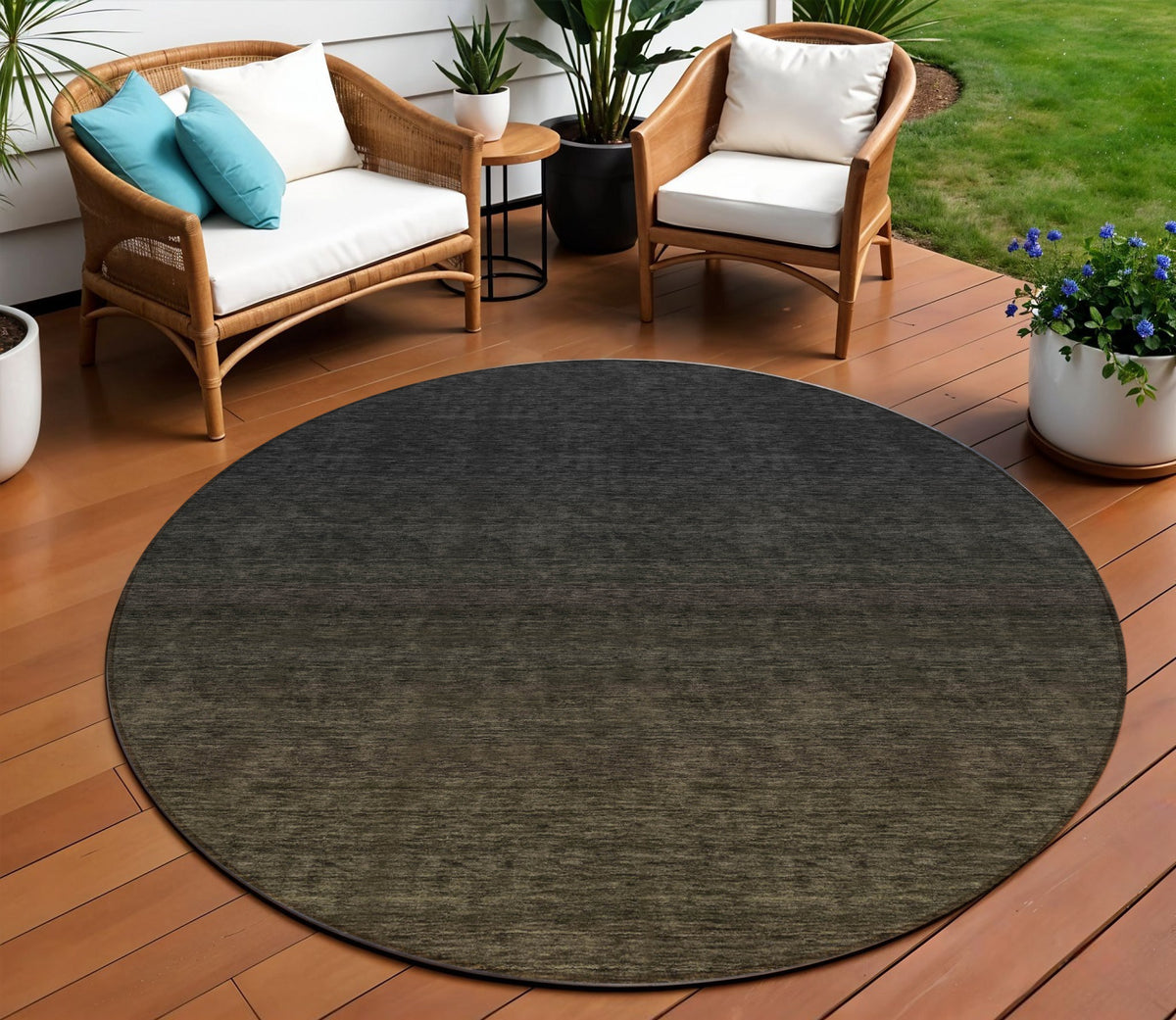 8' Gray And Brown Round Abstract Washable Indoor Outdoor Area Rug
