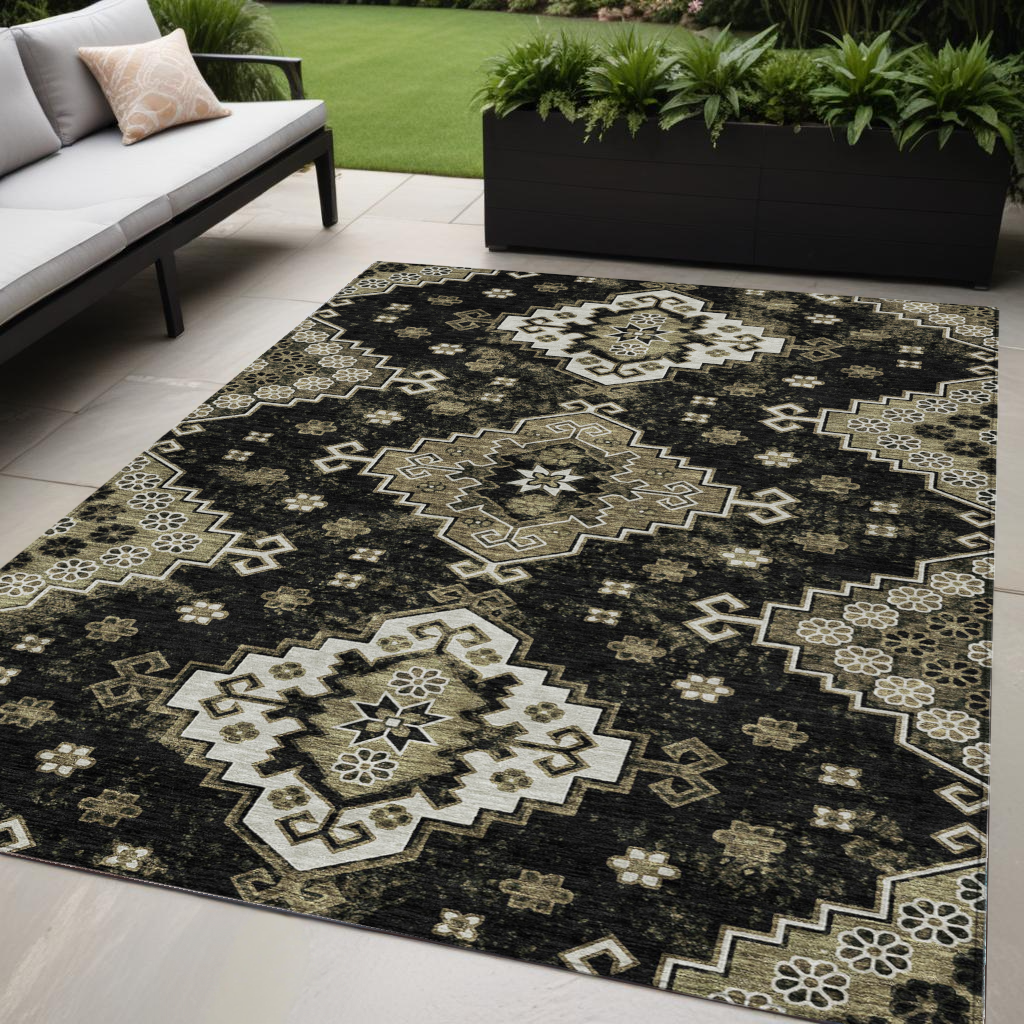 5' X 8' Black Ivory And Taupe Medallion Washable Indoor Outdoor Area Rug