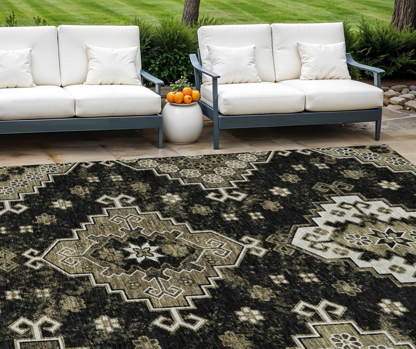 8' X 10' Black Ivory And Taupe Medallion Washable Indoor Outdoor Area Rug