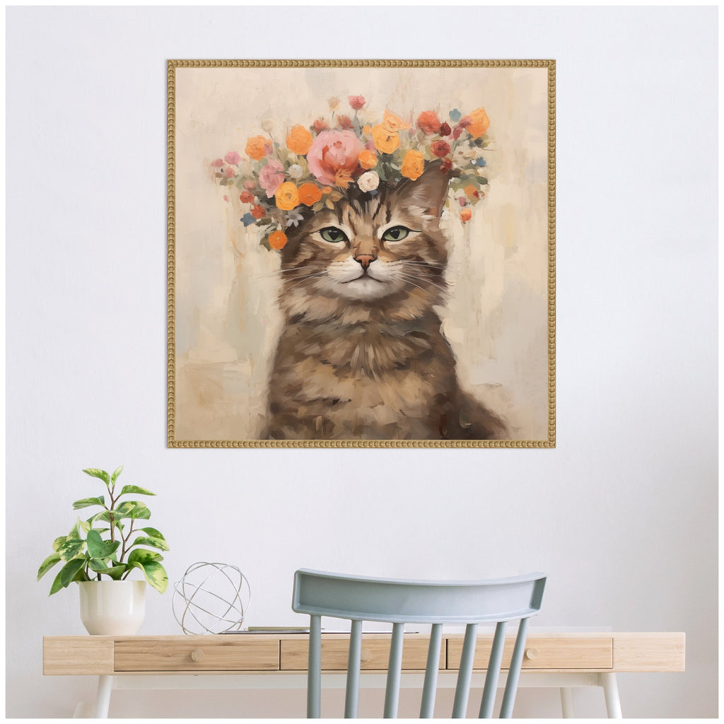 Sylvie Adorable Floral Boho Cat Framed Canvas by The Creative Bunch Studio