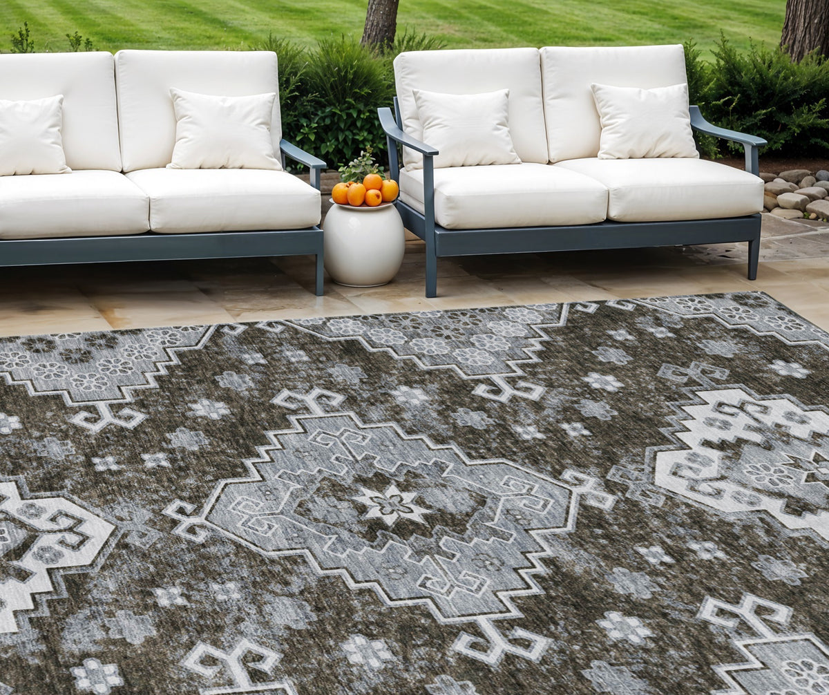 10' X 14' Brown And Gray Medallion Washable Indoor Outdoor Area Rug