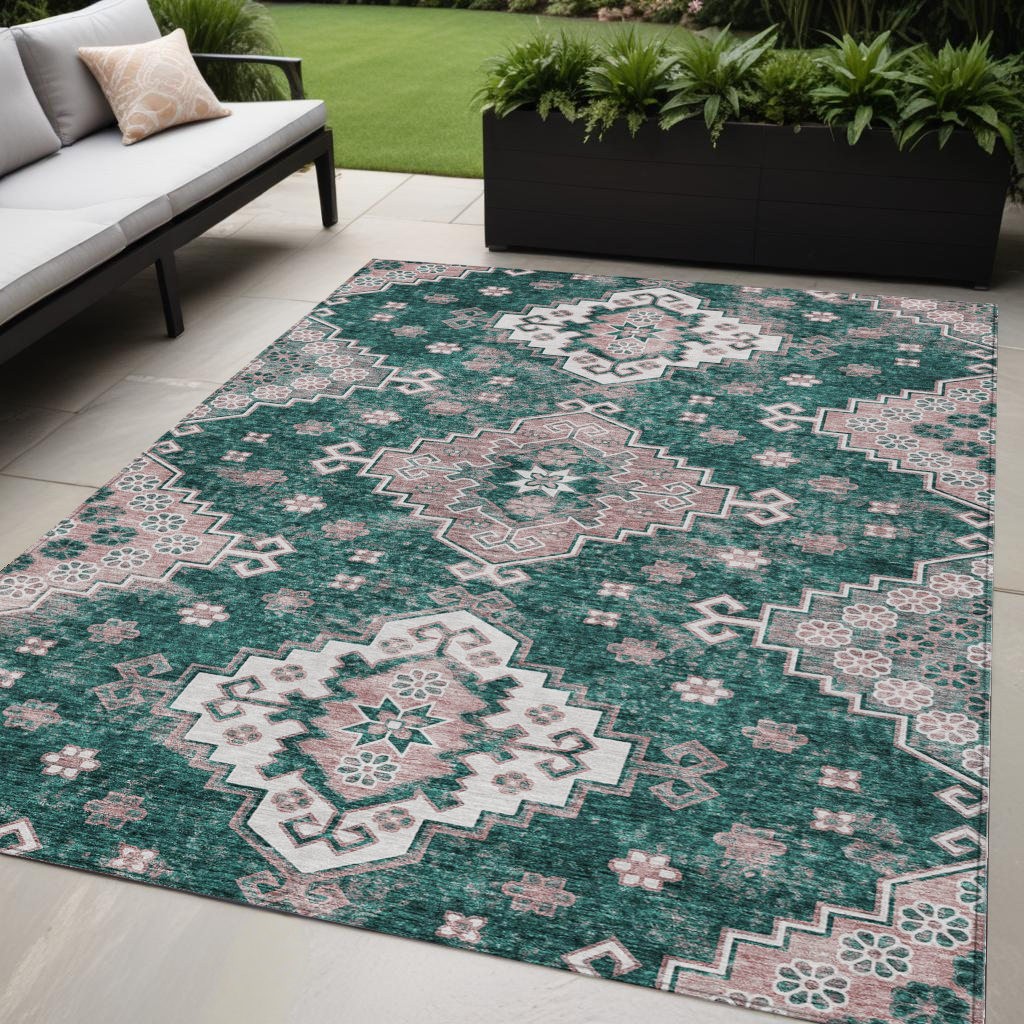 5' X 8' Emerald Brown And Ivory Medallion Washable Indoor Outdoor Area Rug