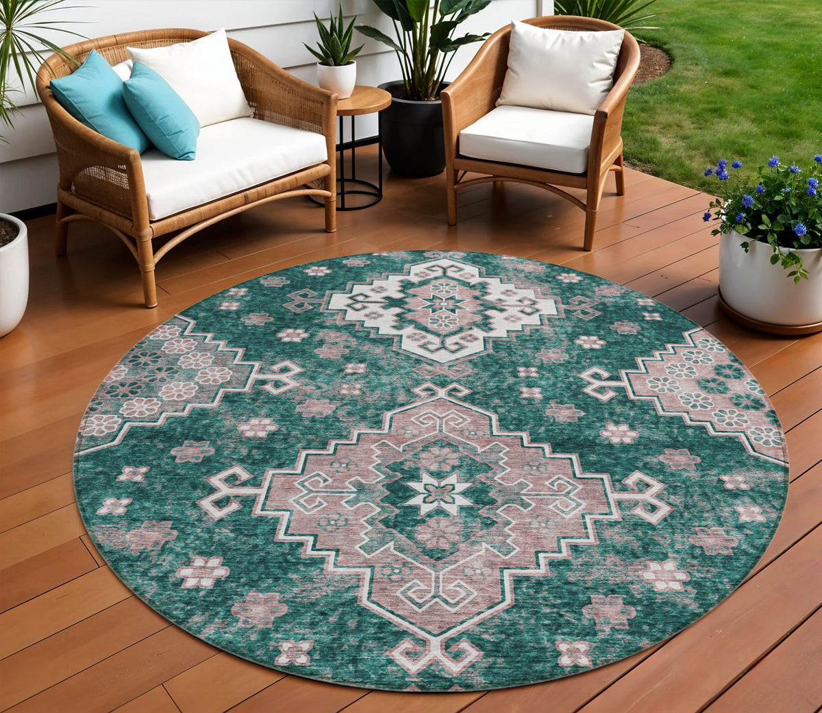 8' Emerald Brown And Ivory Round Medallion Washable Indoor Outdoor Area Rug
