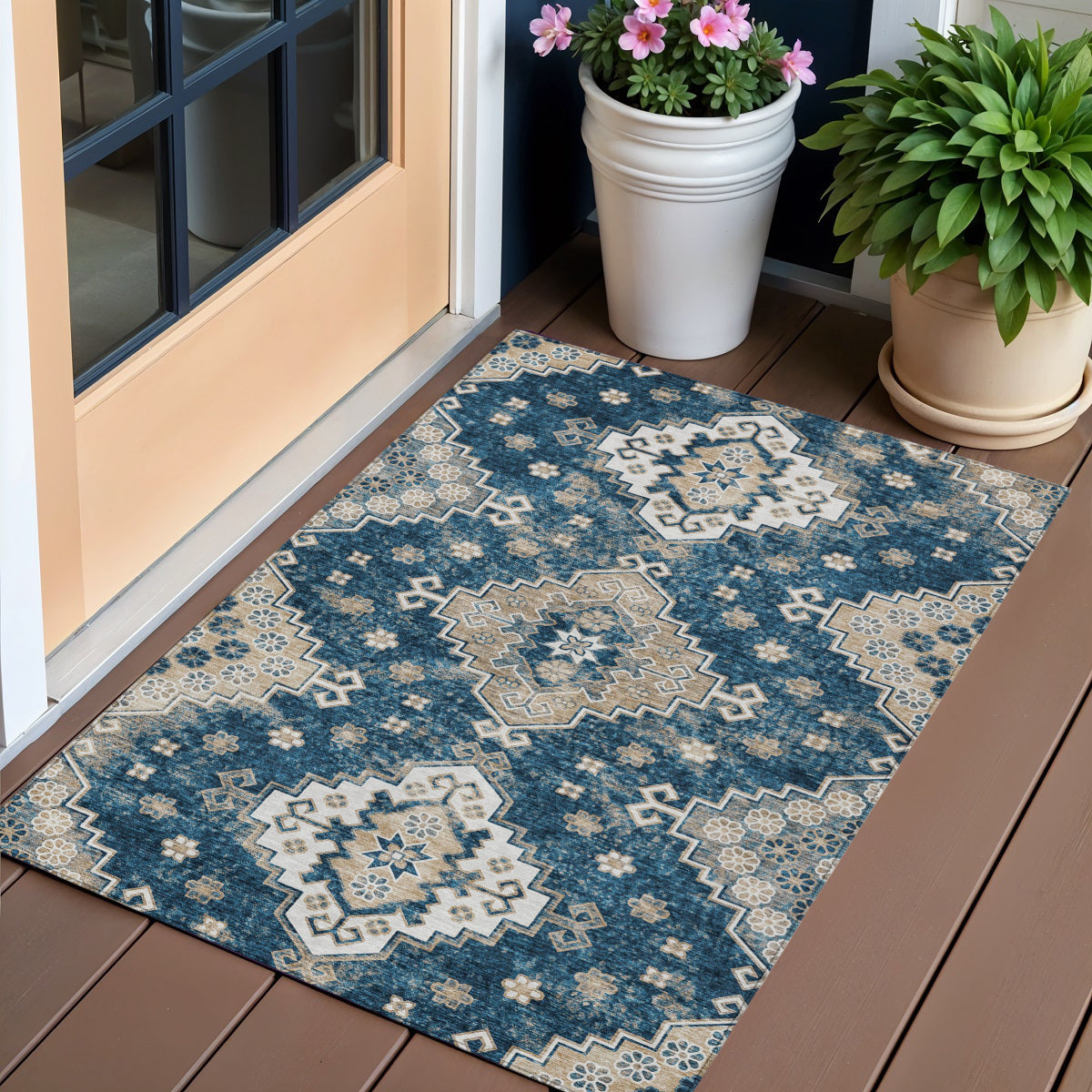 3' X 5' Navy Blue Beige And Ivory Medallion Washable Indoor Outdoor Area Rug