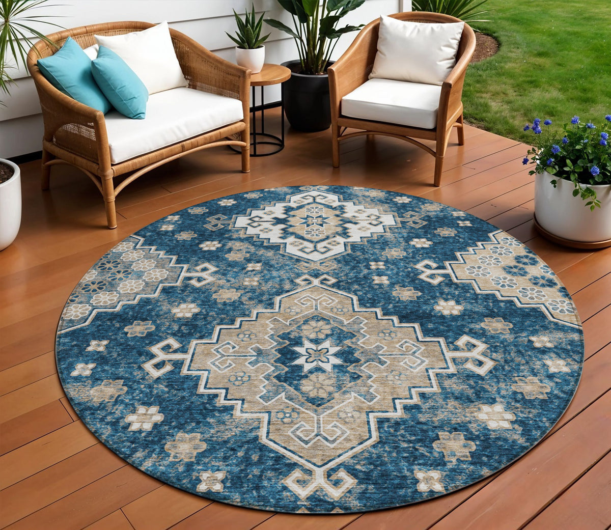 8' Navy Blue Beige And Ivory Round Medallion Washable Indoor Outdoor Area Rug