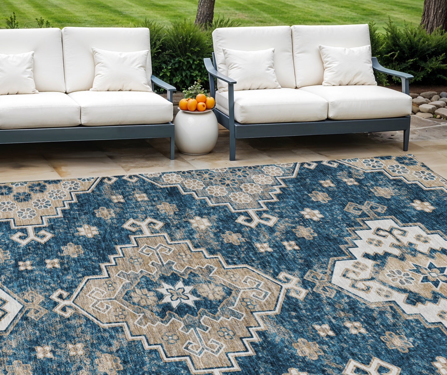 9' X 12' Navy Blue Beige And Ivory Medallion Washable Indoor Outdoor Area Rug