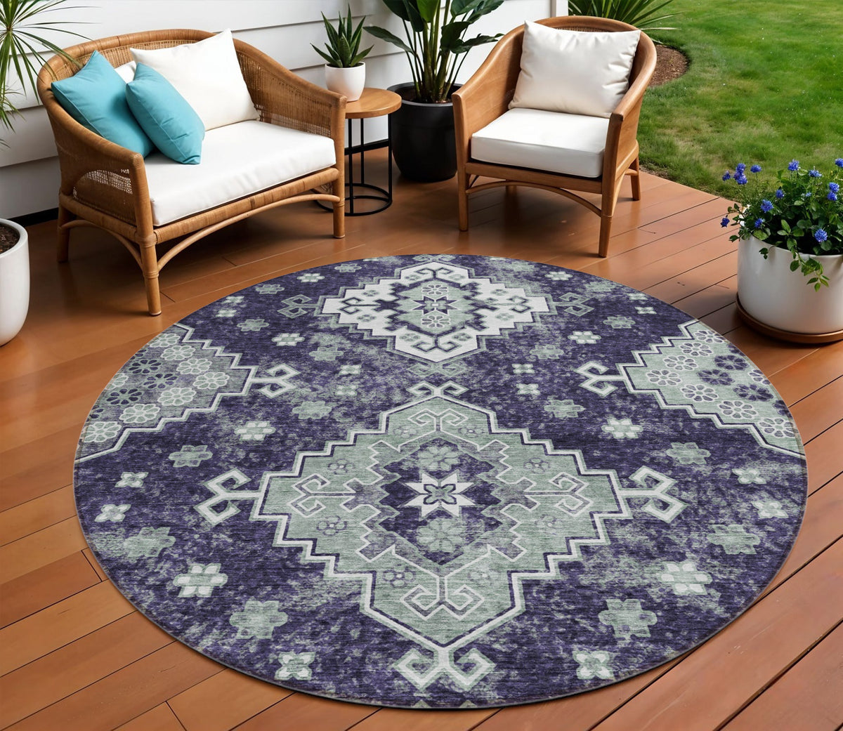 8' Purple Eggplant And Sage Round Medallion Washable Indoor Outdoor Area Rug