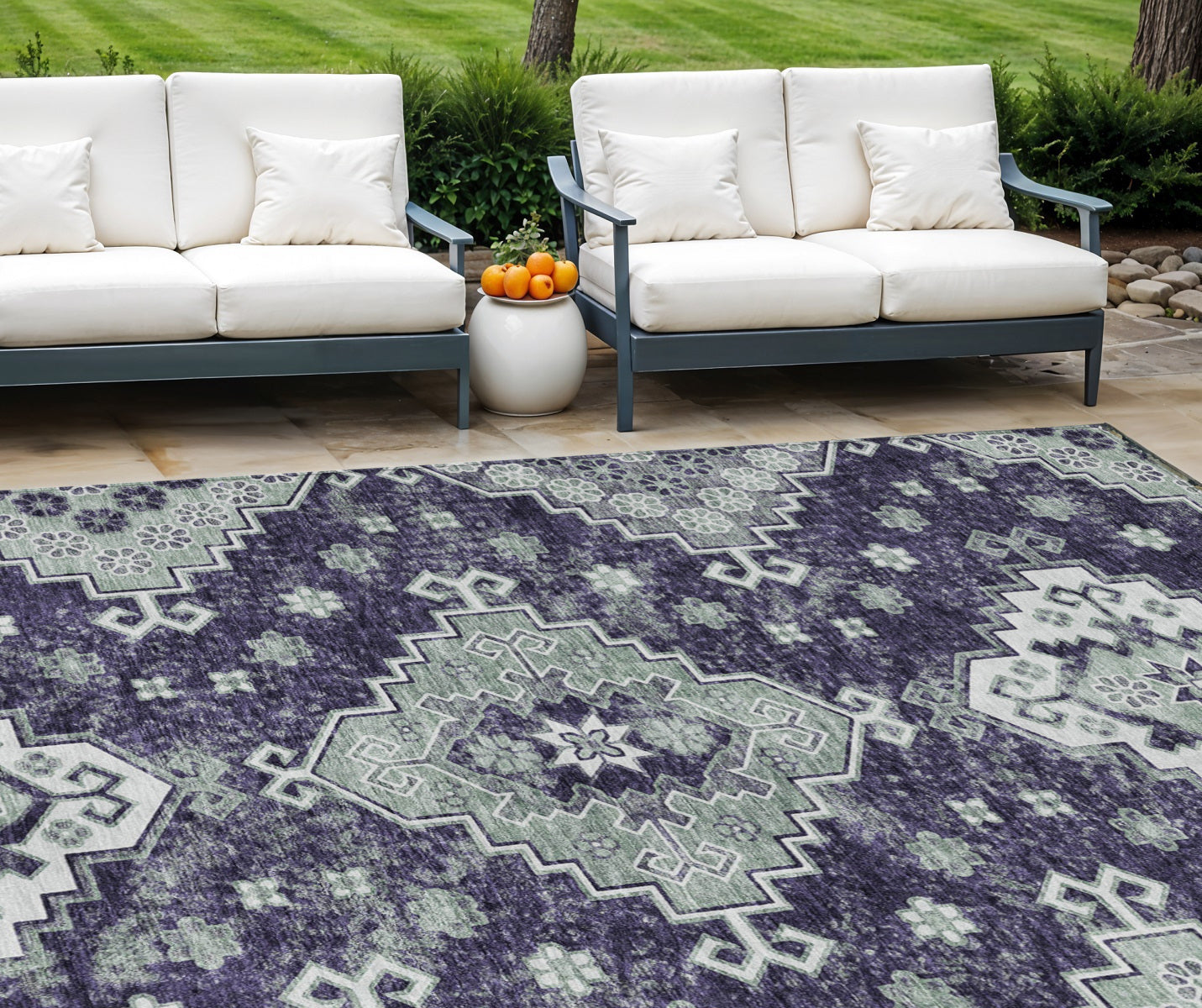 9' X 12' Purple Eggplant And Sage Medallion Washable Indoor Outdoor Area Rug