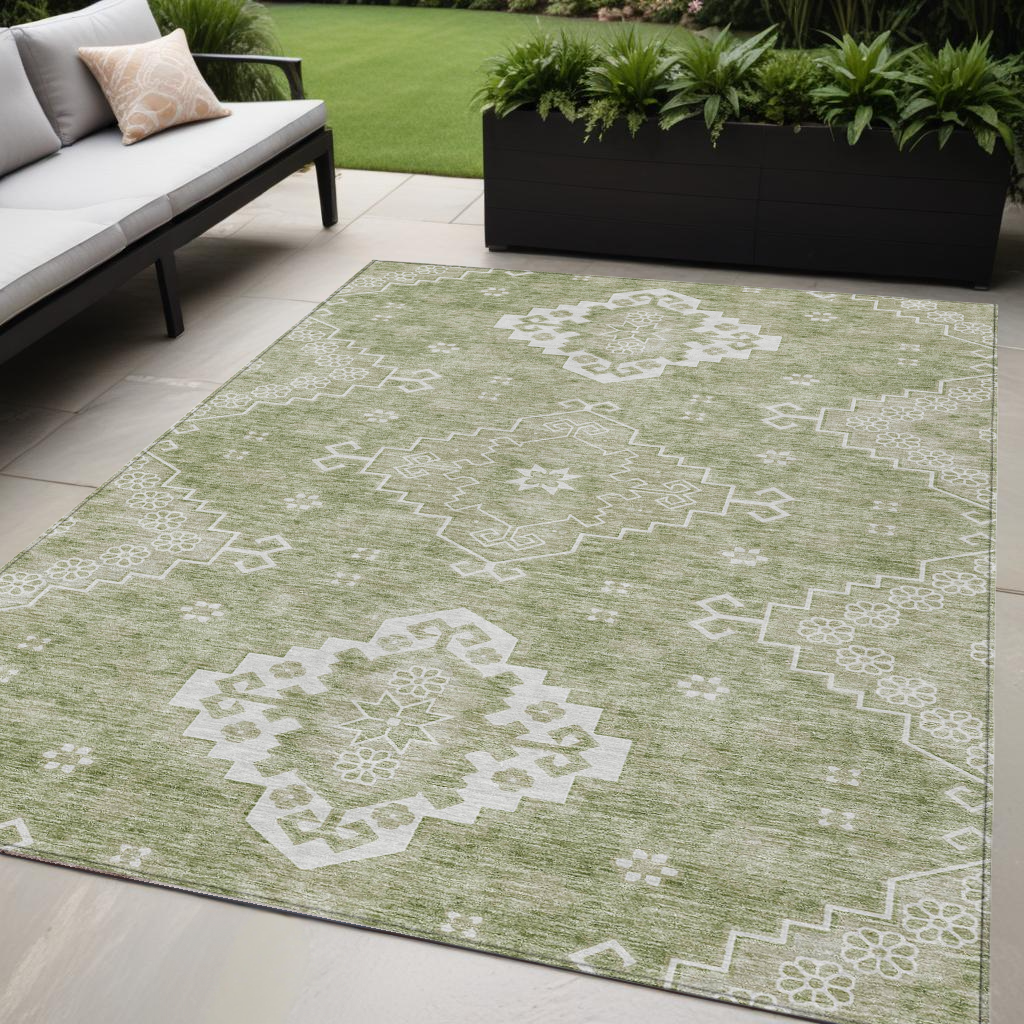 5' X 8' Artichoke Green Beige And Ivory Medallion Washable Indoor Outdoor Area Rug