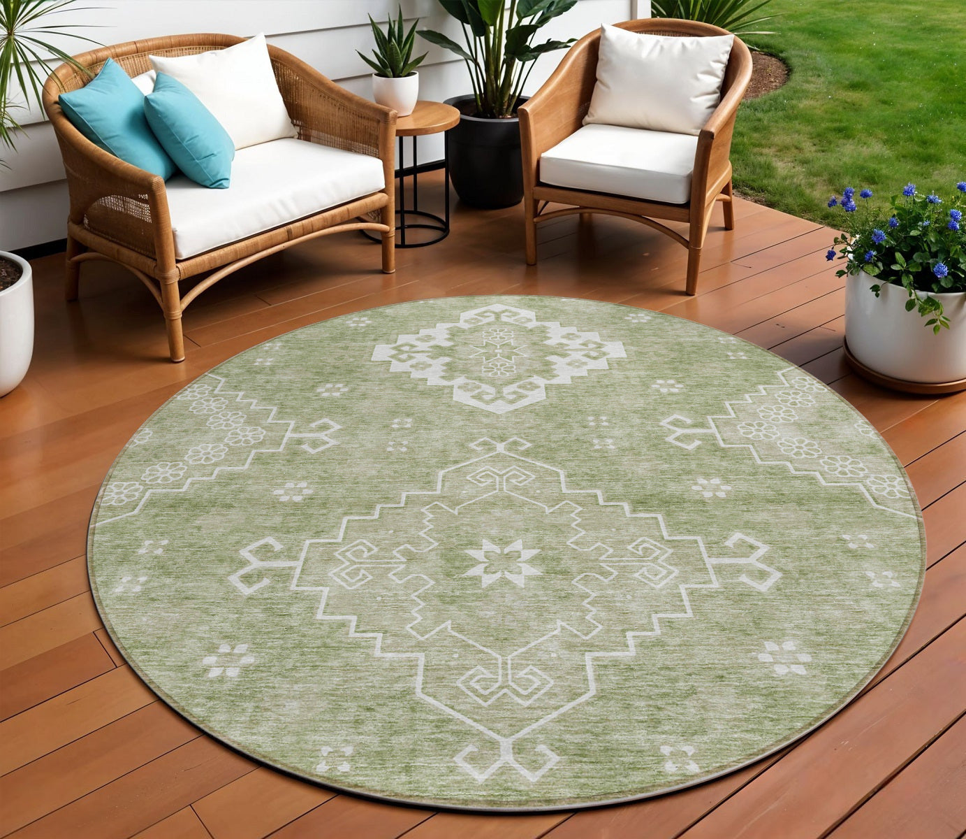 8' Artichoke Green Beige And Ivory Round Medallion Washable Indoor Outdoor Area Rug