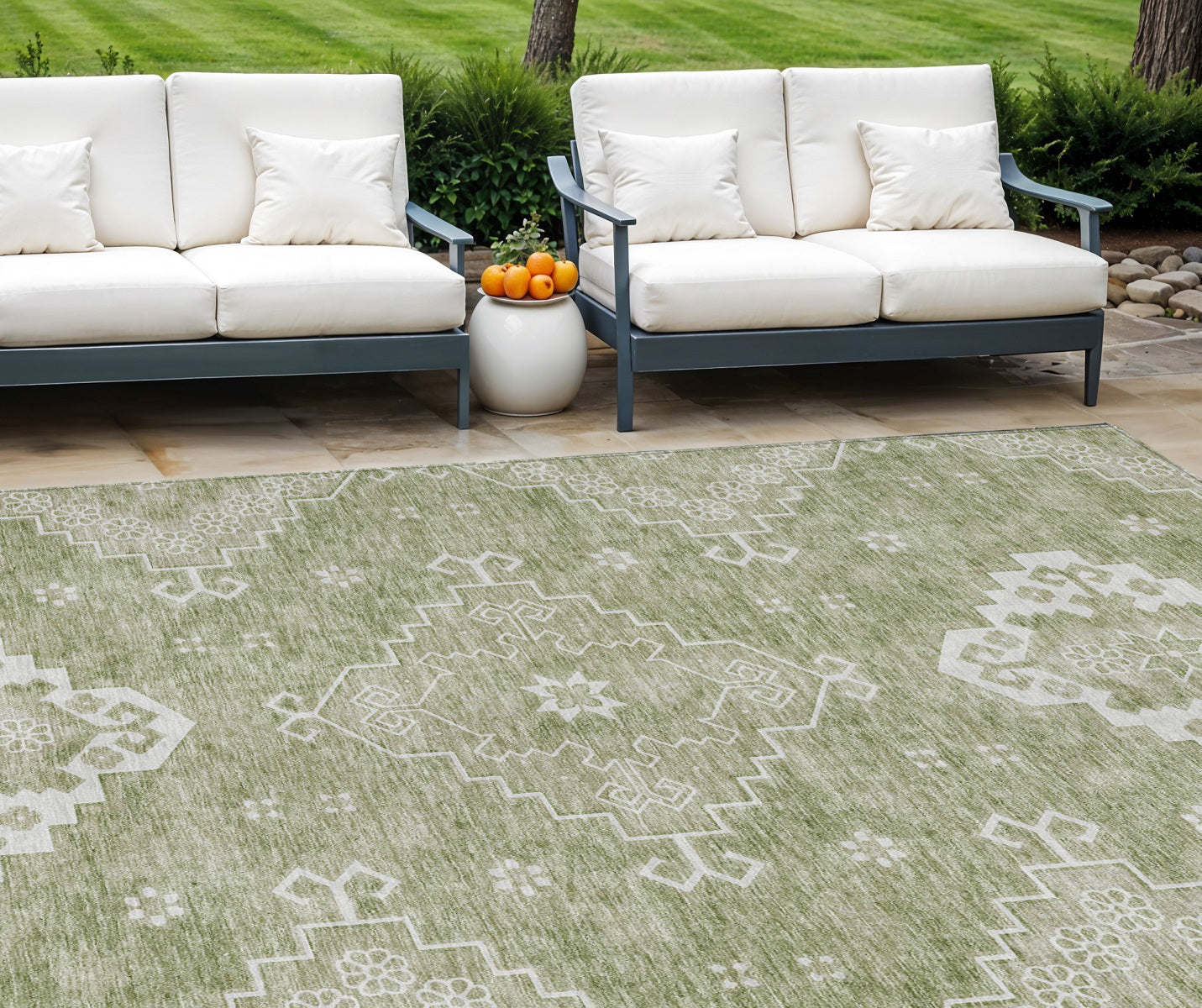 10' X 14' Artichoke Green Beige And Ivory Medallion Washable Indoor Outdoor Area Rug
