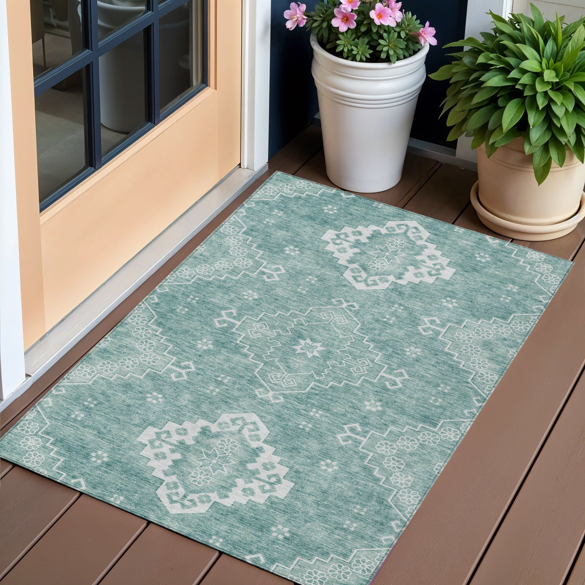 3' X 5' Aqua Teal Blue And Ivory Medallion Washable Indoor Outdoor Area Rug