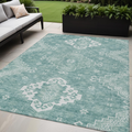 5' X 8' Aqua Teal Blue And Ivory Medallion Washable Indoor Outdoor Area Rug