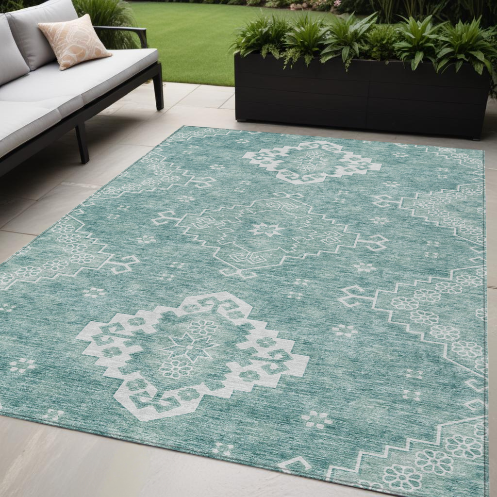 5' X 8' Aqua Teal Blue And Ivory Medallion Washable Indoor Outdoor Area Rug