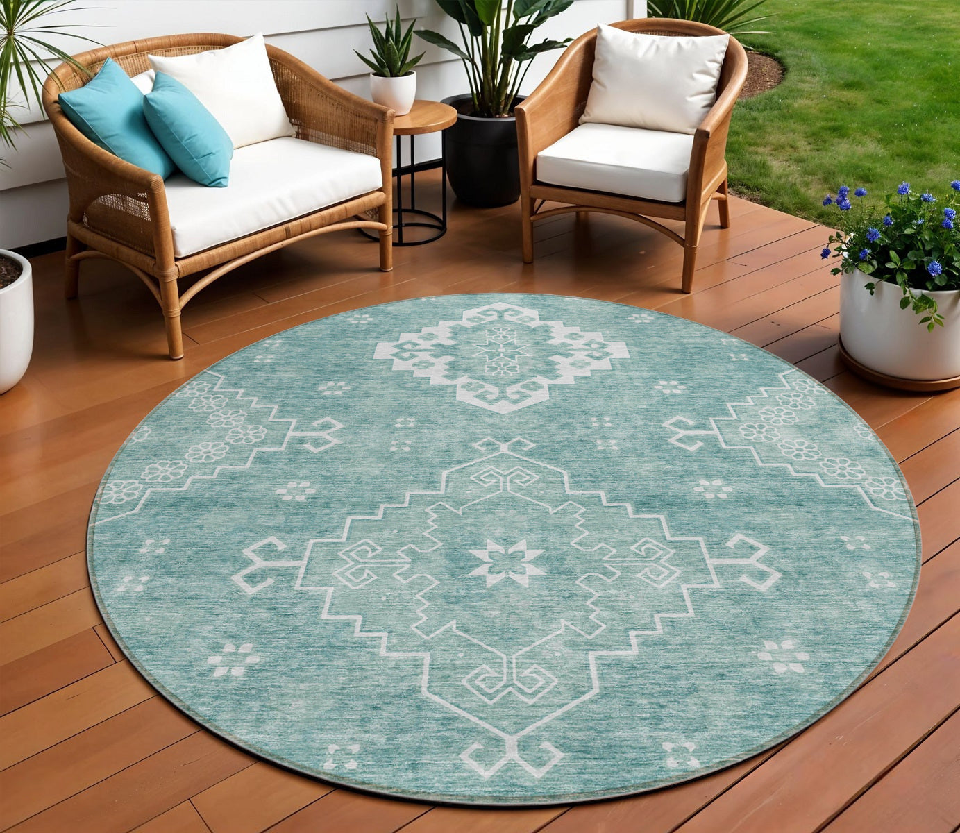 8' Aqua Teal Blue And Ivory Round Medallion Washable Indoor Outdoor Area Rug