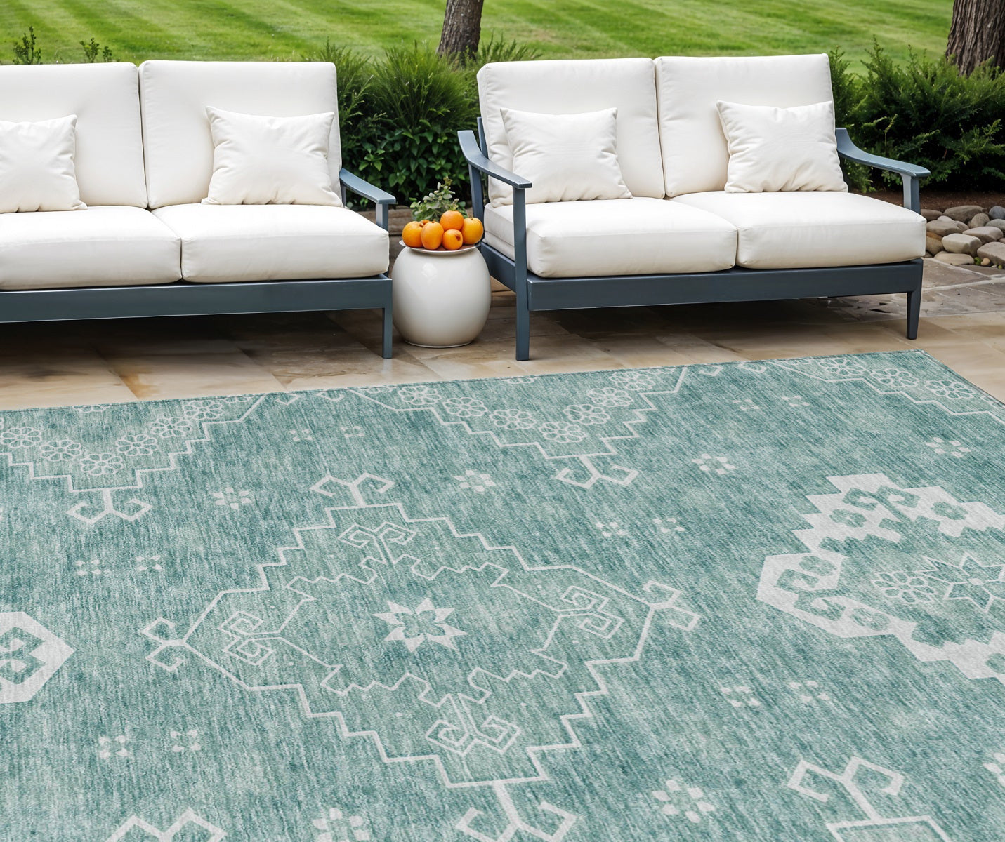 9' X 12' Aqua Teal Blue And Ivory Medallion Washable Indoor Outdoor Area Rug