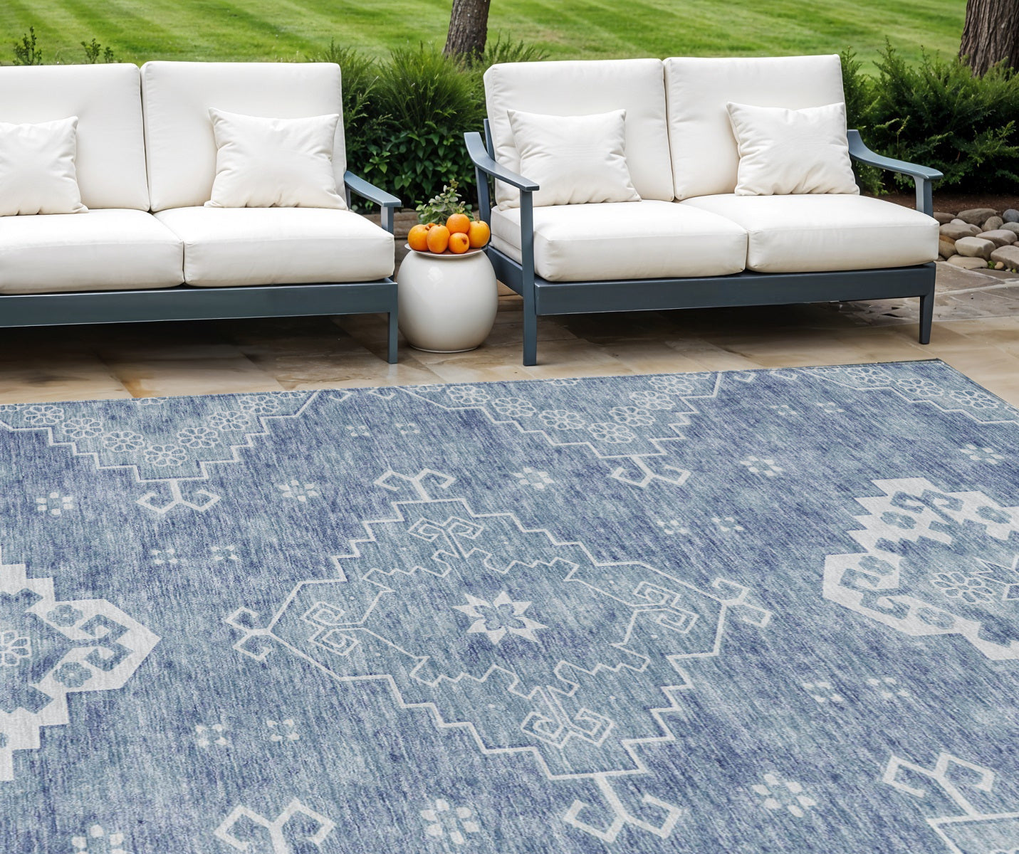 9' X 12' Navy Blue And Denim Blue Medallion Washable Indoor Outdoor Area Rug