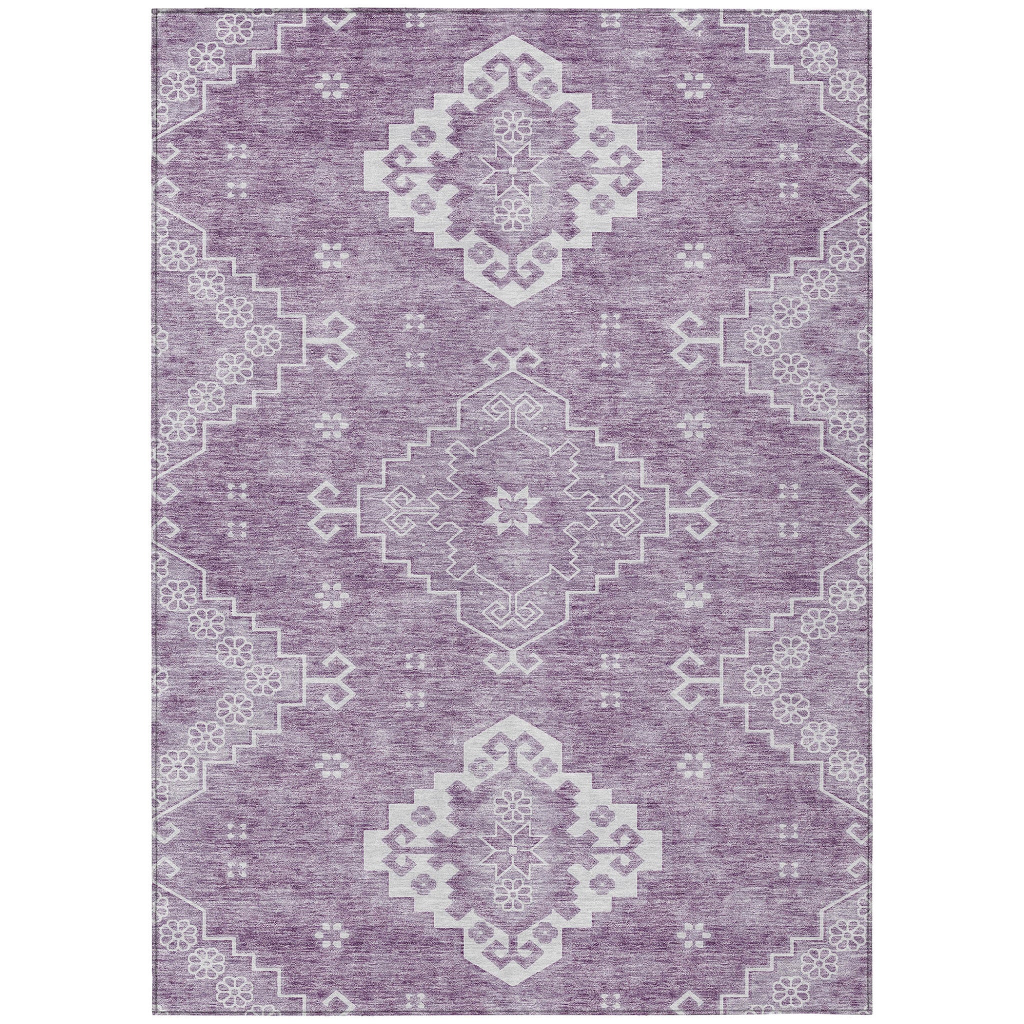 3' X 5' Lavender Plum And Ivory Medallion Washable Indoor Outdoor Area Rug