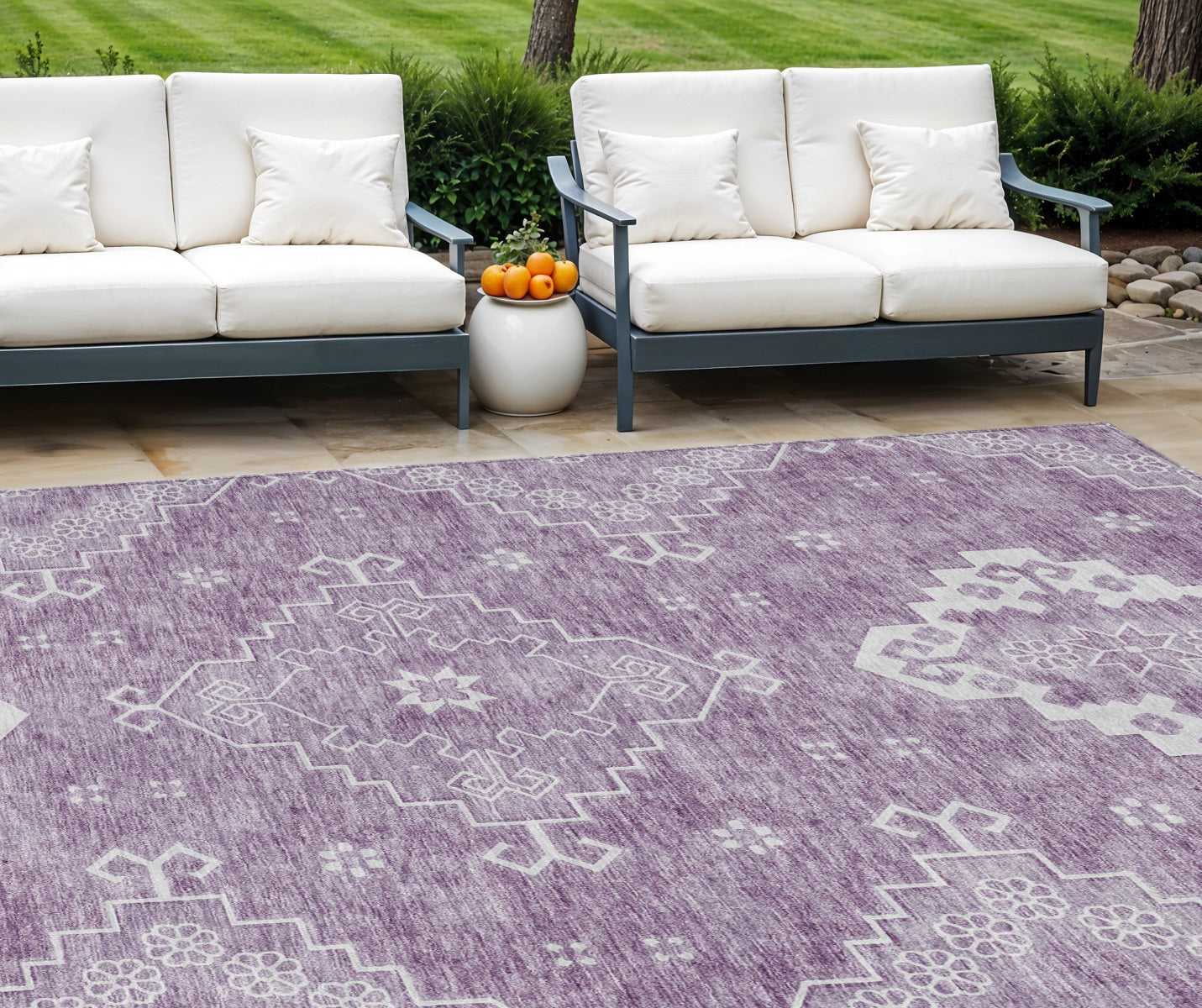 9' X 12' Lavender Plum And Ivory Medallion Washable Indoor Outdoor Area Rug