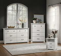Elara 3-Piece White Bedroom Set with 57 6-Drawer Dresser, 32 4-Drawer Chest & 22 Nightstand with USB Charging Ports, Black Metal