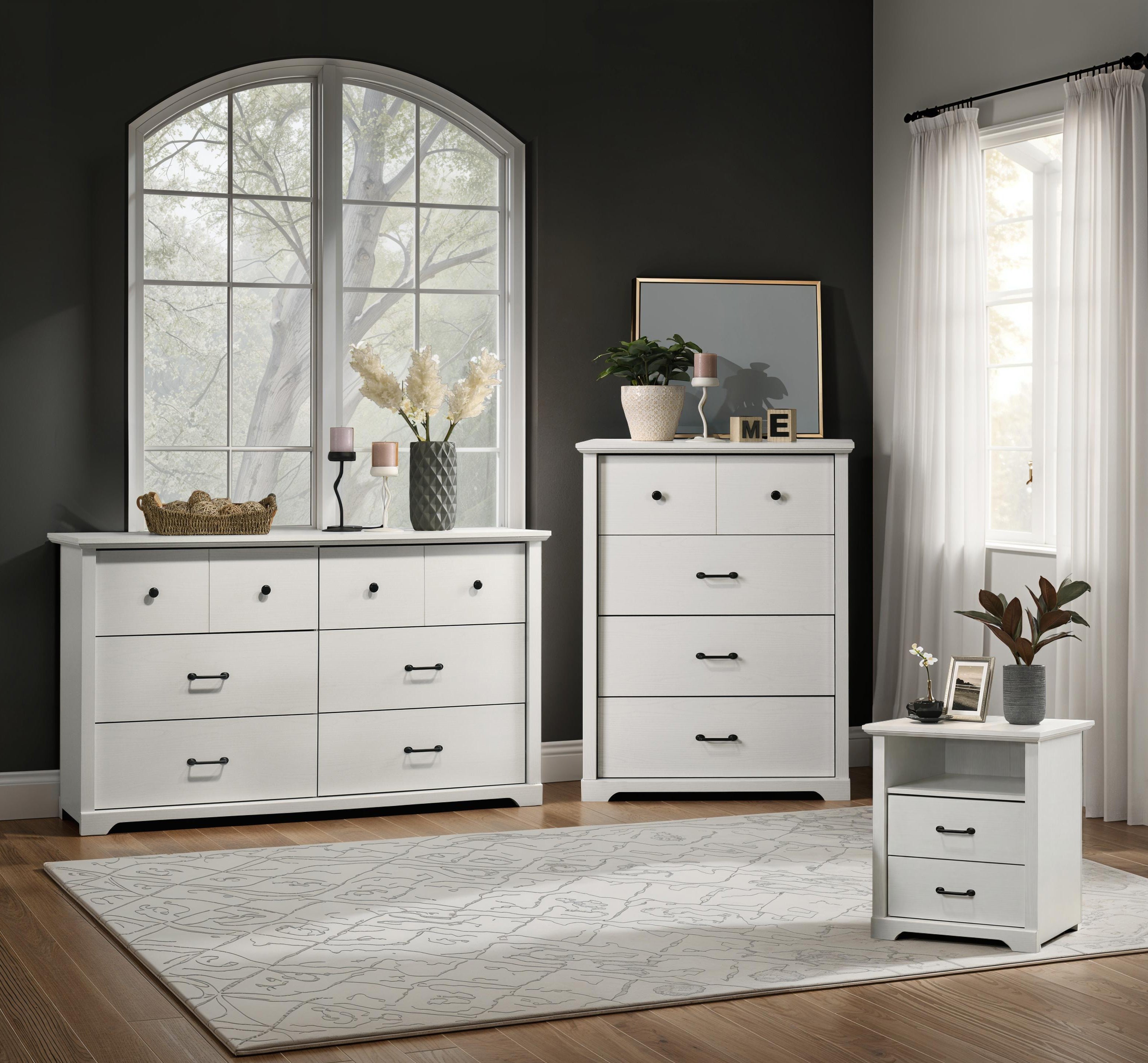 Elara 3-Piece White Bedroom Set with 57 6-Drawer Dresser, 32 4-Drawer Chest & 22 Nightstand with USB Charging Ports, Black Metal