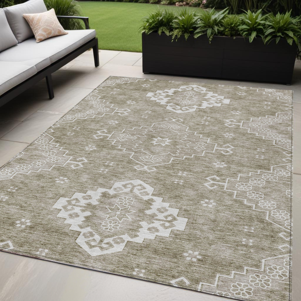 5' X 8' Taupe Beige And Ivory Medallion Washable Indoor Outdoor Area Rug