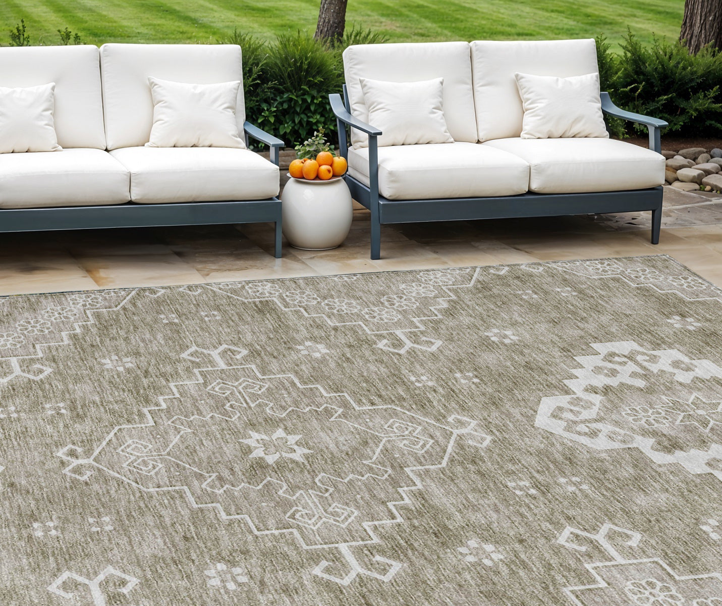 9' X 12' Taupe Beige And Ivory Medallion Washable Indoor Outdoor Area Rug