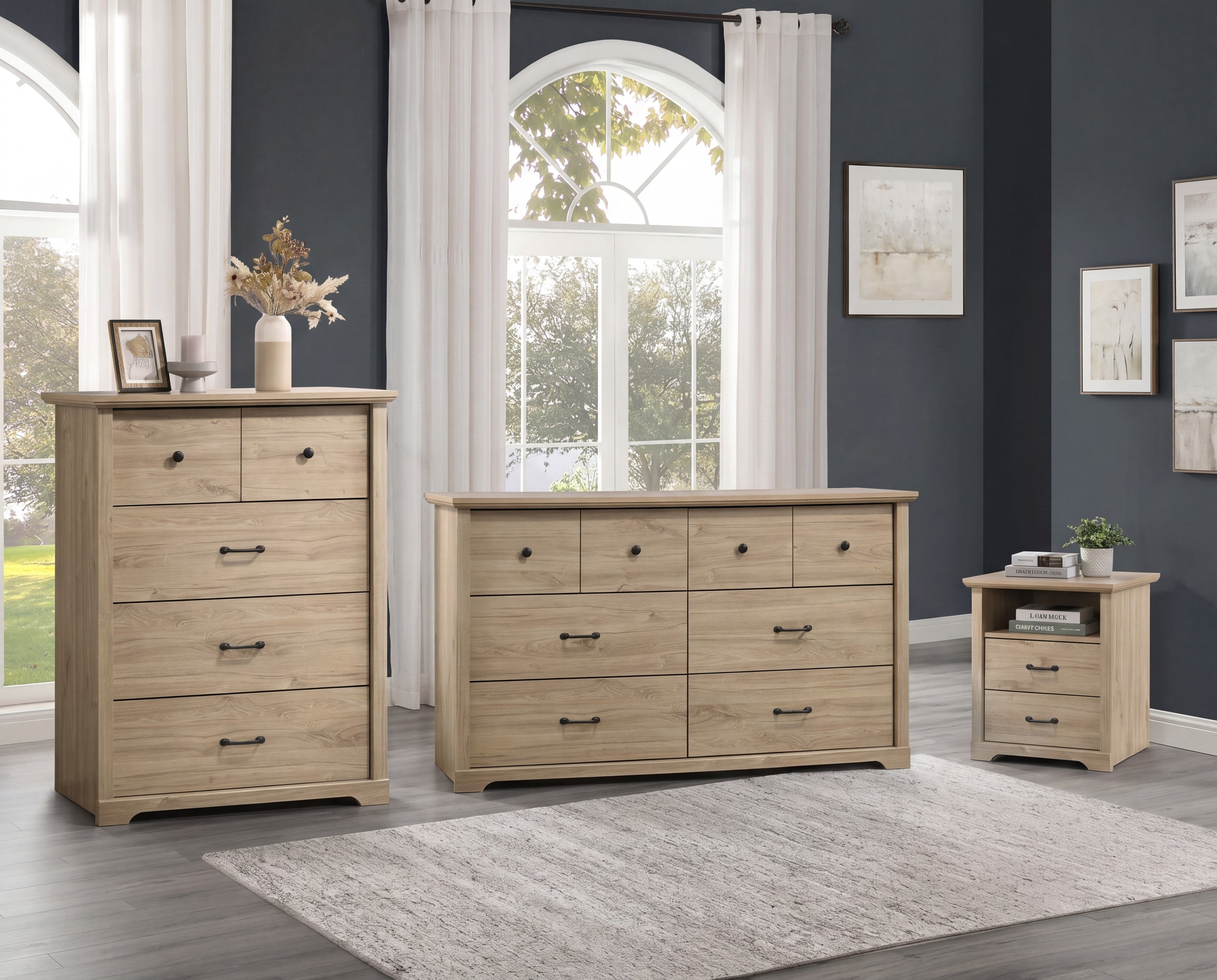 Elara 3-Piece Light Oak Bedroom Set with 57 6-Drawer Dresser, 32 4-Drawer Chest & 22 Nightstand with USB Charging Ports, Black M