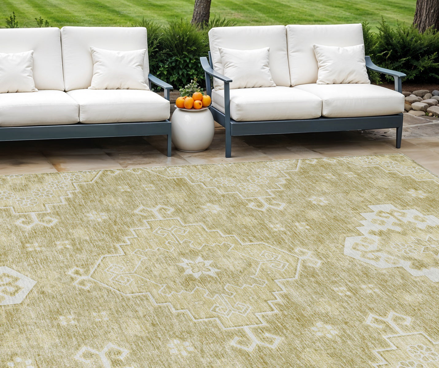 9' X 12' Wheat Gold And Ivory Medallion Washable Indoor Outdoor Area Rug