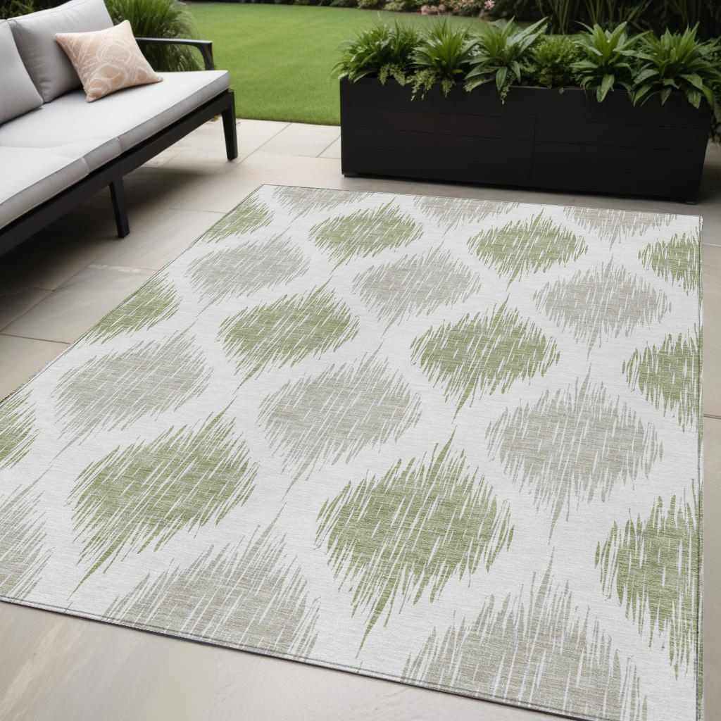 5' X 8' Artichoke Green Ivory And Gray Ikat Washable Indoor Outdoor Area Rug