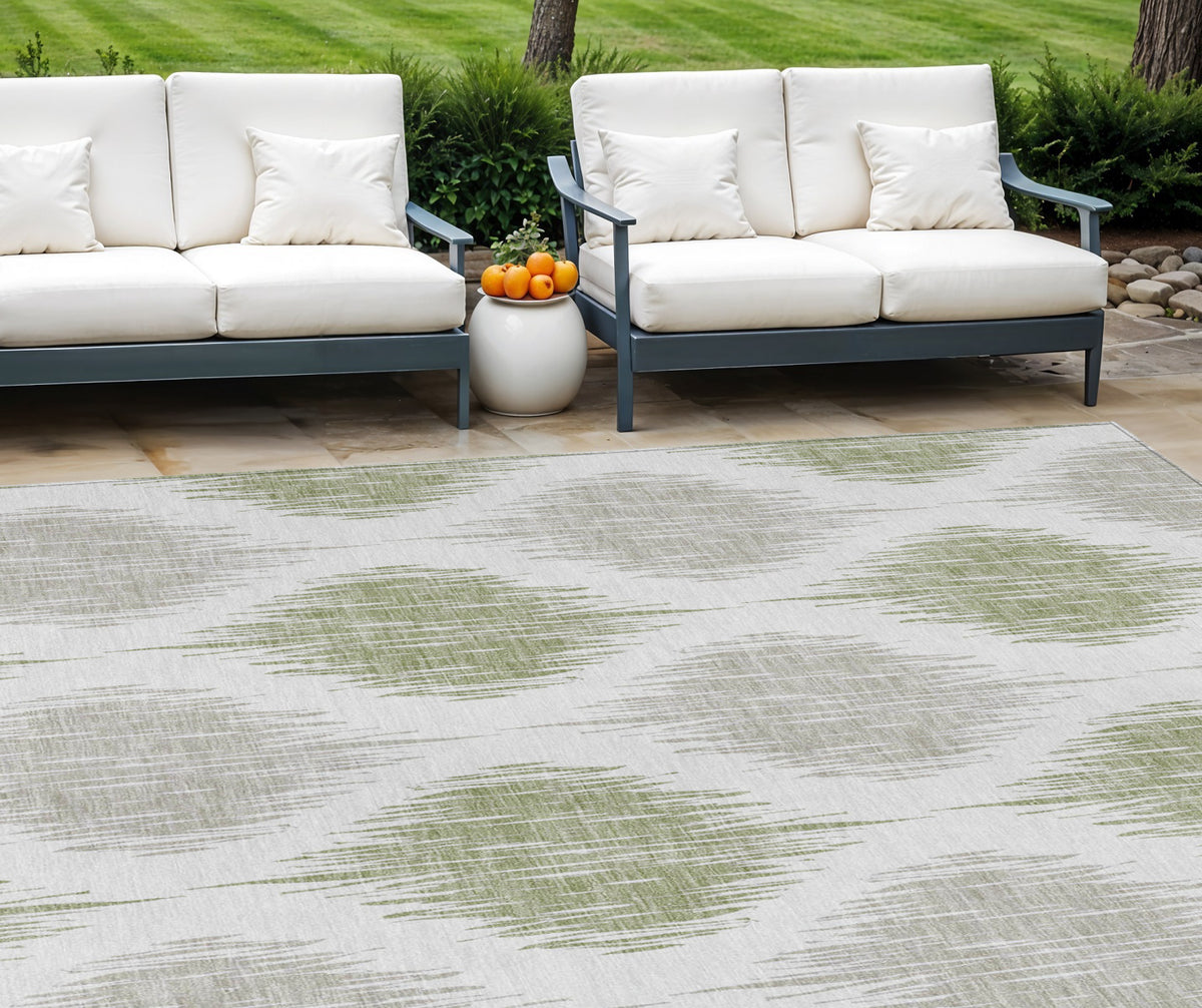 9' X 12' Artichoke Green Ivory And Gray Ikat Washable Indoor Outdoor Area Rug
