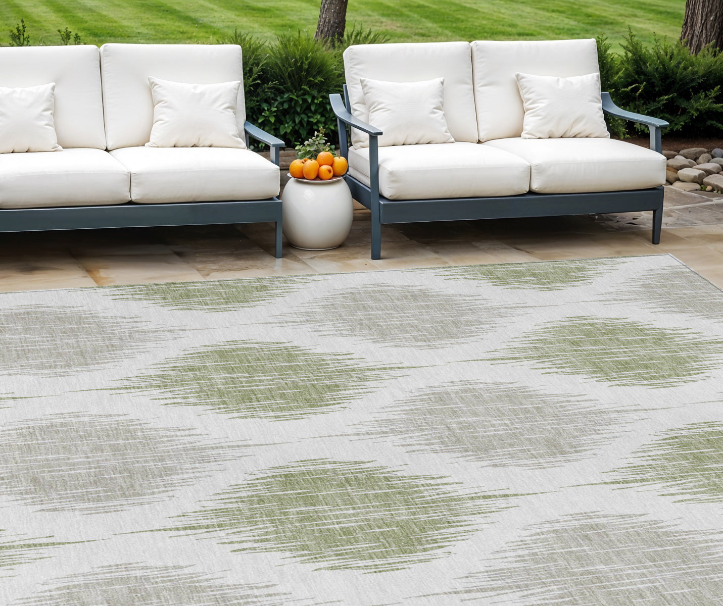 10' X 14' Artichoke Green Ivory And Gray Ikat Washable Indoor Outdoor Area Rug