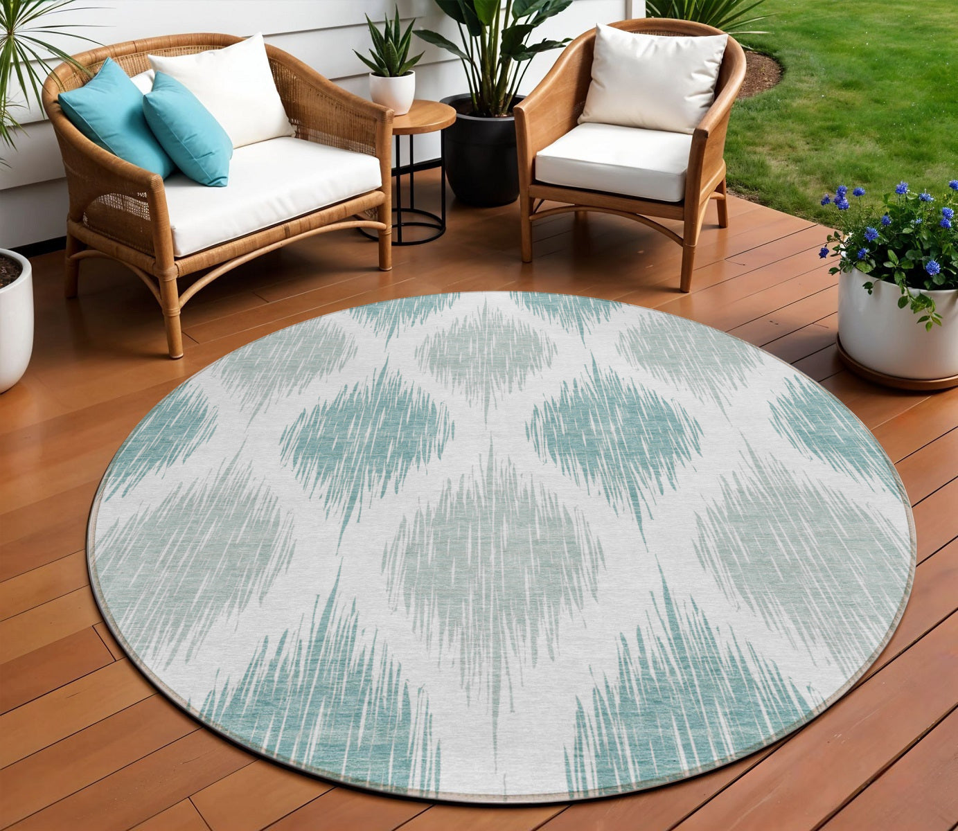 8' Aqua Teal Blue And Ivory Round Ikat Washable Indoor Outdoor Area Rug