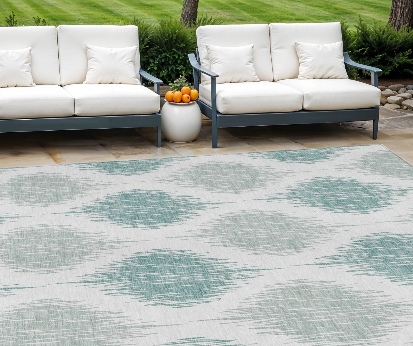 8' X 10' Aqua Teal Blue And Ivory Ikat Washable Indoor Outdoor Area Rug