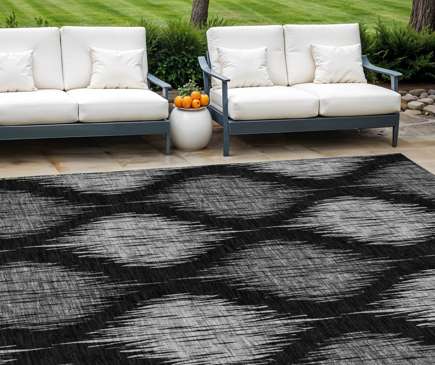 10' X 14' Black Silver And Gray Ikat Washable Indoor Outdoor Area Rug